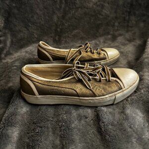 Authentic Alexander McQueen Puma Sneakers Antique Gold Metallic w/ Charm, COA
